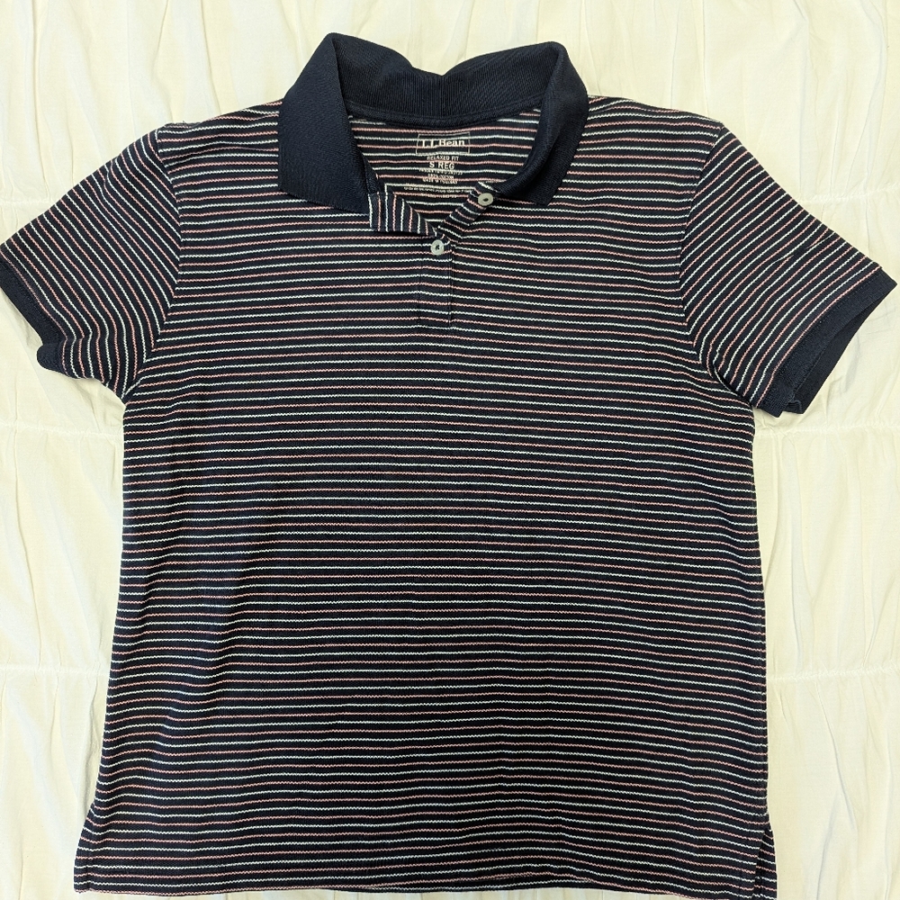 L.L. Bean Navy and White Striped Polo Shirt Women's Size S Reg Misses